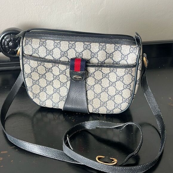 Authentic Vintage GUCCI Ophidia Navy Monogram Canvas Leather Crossbody Bag - Picture 1 of 16